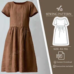 Sewing PDF pattern dress, A-Line Hight waist linen dress, do it yourself, tutorial pdf sewing size XS-5XL