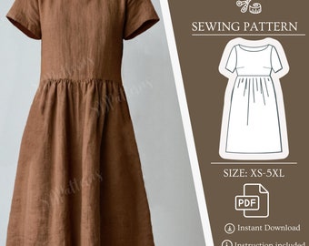 Sewing PDF pattern dress, A-Line Hight waist linen dress, do it yourself, tutorial pdf sewing size XS-5XL