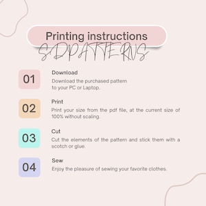 Puede incluir: Un gr&aacute;fico rosa y blanco con instrucciones para imprimir, cortar y coser patrones. El gr&aacute;fico incluye el texto "Instrucciones de impresi&oacute;n" y "SDPATTERNS".