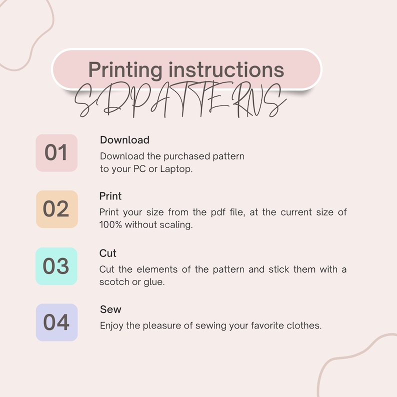 Puede incluir: Un gr&aacute;fico rosa y blanco con instrucciones para imprimir, cortar y coser patrones. El gr&aacute;fico incluye el texto "Instrucciones de impresi&oacute;n" y "SDPATTERNS".