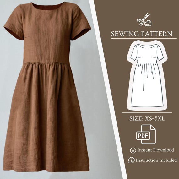 Jurk met pdf patroon naaien linnen jurk A lijn hoge taille doe het zelf pdf tutorial naaimaat XS 5XL Etsy Nederland