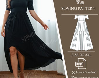 Off Shoulder High Low Hem Sewing Pattern Dress Prom Dress PDF Sewing Pattern XS - 5XL Size Bridesmaid Dress