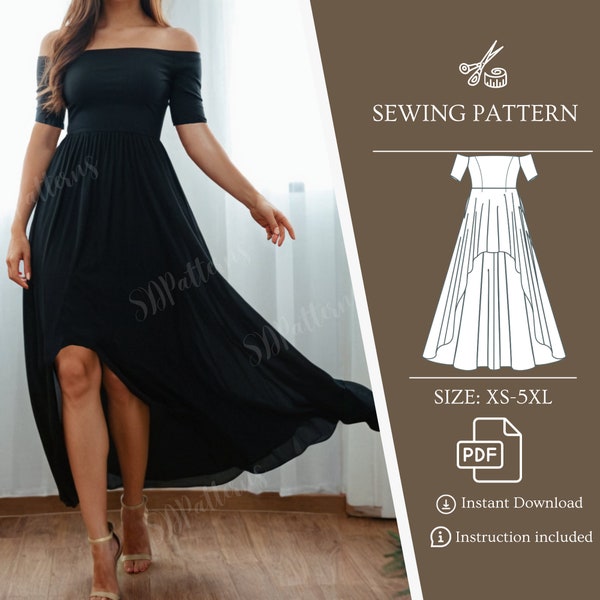 Off Shoulder High Low Hem Sewing Pattern Dress Prom Dress PDF Sewing Pattern XS - 5XL Size Bridesmaid Dress