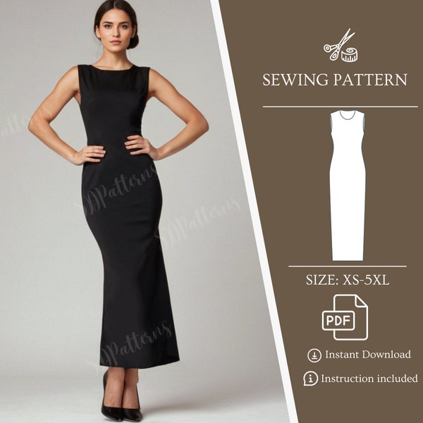 Maxi Dress Sewing Pattern PDF Digital Pencil Long Dress Sleeveless Dress O Neck XS-5Xl US Size