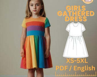 Rainbow Dress Sewing Pattern, Girl 2-12 years Dress, Gathered Skirt, Short Sleeve, Colored Dress, Party Dress, Birthday Dress