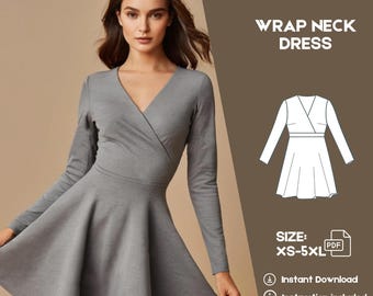 V Neck Split Dress Digital Sewing Pattern A Line Wrap Dress PDF Pattern Casual Long Sleeve Band Dress