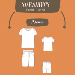 May include: A white t-shirt and shorts sewing pattern. The pattern includes a front and back view of the garment. The text "SD PATTERNS" and "Front - Back" is displayed above the pattern. The text "Preview" is displayed in a rectangle below the text.