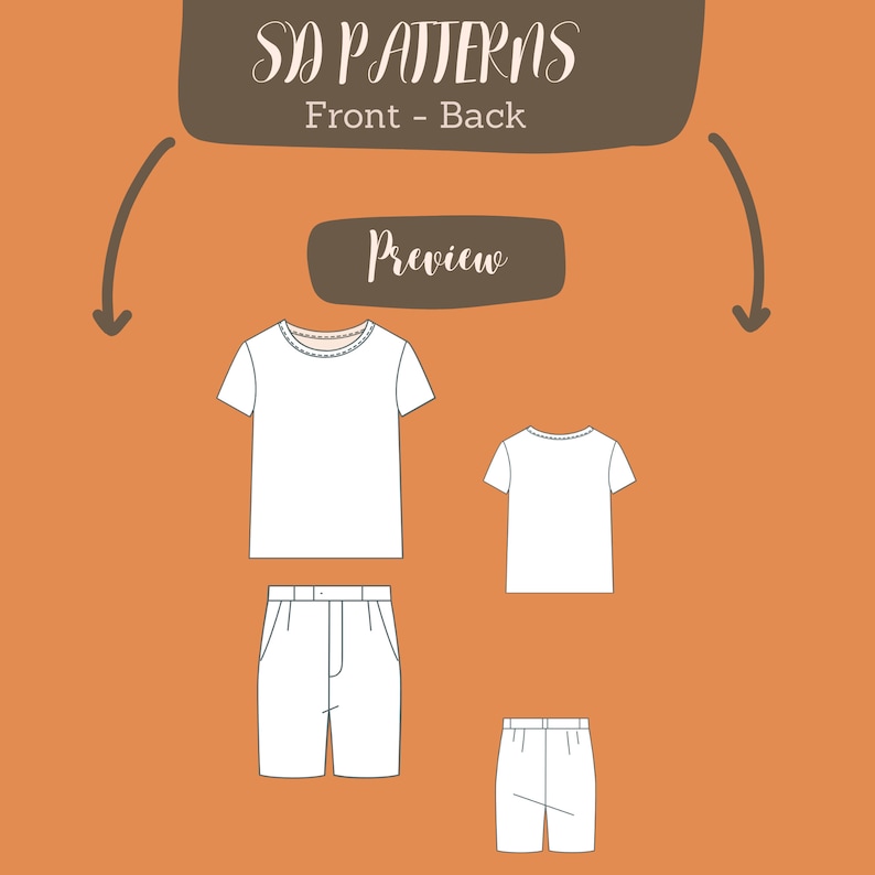 May include: A white t-shirt and shorts sewing pattern. The pattern includes a front and back view of the garment. The text "SD PATTERNS" and "Front - Back" is displayed above the pattern. The text "Preview" is displayed in a rectangle below the text.