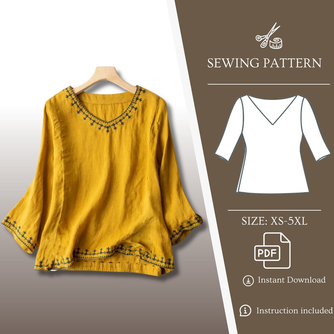 Cotton Linen Sewing Pattern Top, Vneck 3/4 Sleeve Tunic, Loose Blouse, PDF Sewing Patterns, XS