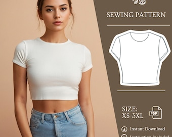 Women Crop Top Sewing Pattern, Simple Easy PDF Pattern, Summer Crop Top, XS-5XL US Size, T-shirt sewing Pattern, Short Tunic