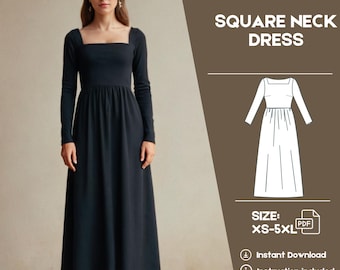 Maxi Ruffle Dress PDF Pattern, Long Sleeve Dress Sewing Pattern, Formal Dress Pattern, Square Neck Dress