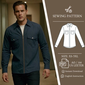 May include: A sewing pattern for a long-sleeved shirt with a zipper closure and two flap pockets. The pattern is available in sizes XS-5XL and comes in PDF format. The pattern includes instructions in English.