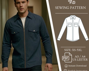 Shirt Jacket Pattern, Sewing Patterns for Men, Zipper Jacket Men, Zipper Shirt Men, Zipper Jacket Men, XS-5XL