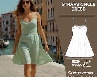Heart Neckline Dress Sewing Pattern Summer Circle Midi Dress Pattern Loose Straps Dress Pattern | Easy Dress Pattern