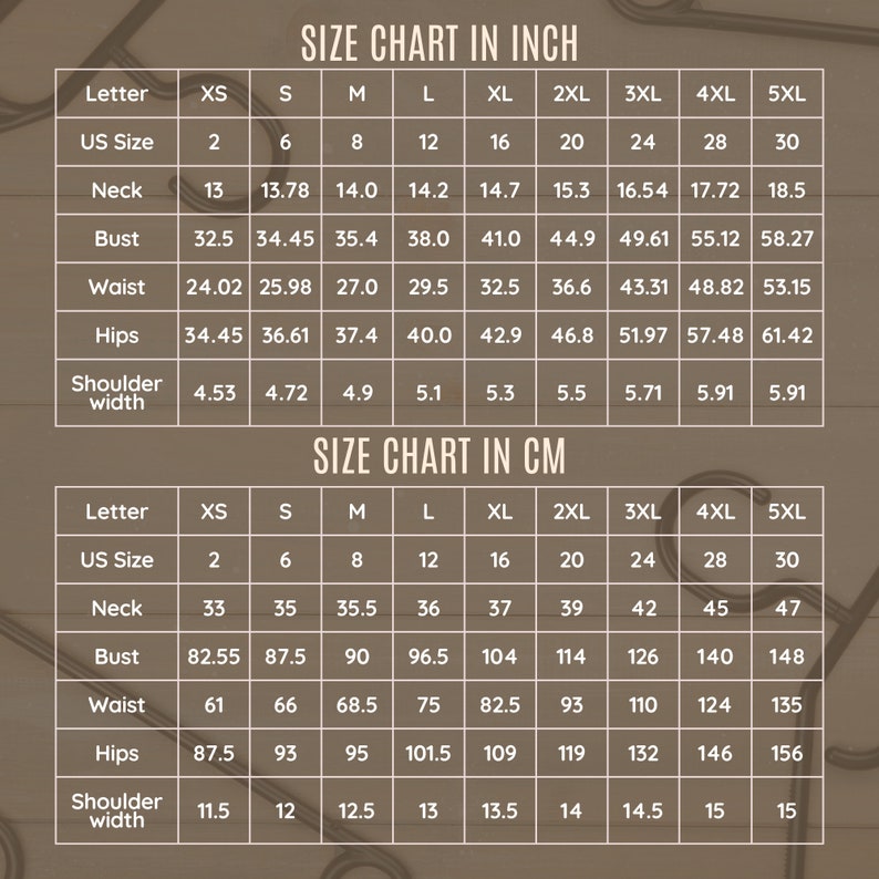 Puede incluir: Tabla de tallas en pulgadas y cent&iacute;metros para ropa. La tabla muestra las medidas de cuello, busto, cintura, caderas y ancho de hombros. Las tallas van de XS a 5XL.