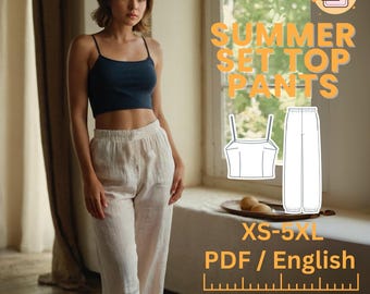 May include: A digital download PDF pattern for a summer set top and pants. The pattern includes sizes XS-5XL and is written in English. The image shows a model wearing the finished garment.