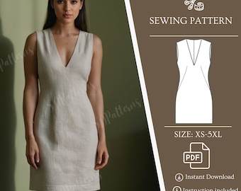 Mini V-neck Sleeveless Dress, Bodycon Dress, Digital Sewing Pattern, US Sizes XS-5XL, PDF, Line Dress