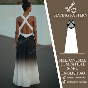 May include: A sewing pattern for a maxi dress with a criss-cross back detail. The pattern is available in sizes S-M-L and is compatible with onesize patterns. The pattern is available for instant download and includes instructions.