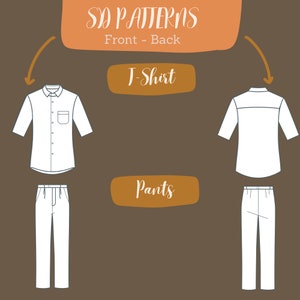 Puede incluir: Una camisa blanca con cuello abotonado y un bolsillo en el lado izquierdo. La camisa tiene mangas cortas. Un pantal&oacute;n blanco con trabillas para el cintur&oacute;n y una cremallera. La imagen muestra las vistas frontal y posterior de la camisa y el pantal&oacute;n. El texto "SD PATTERNS Front - Back" est&aacute; en la parte superior de la imagen. El texto "T-Shirt" est&aacute; en un rect&aacute;ngulo marr&oacute;n debajo de la camisa. El texto "Pants" est&aacute; en un rect&aacute;ngulo marr&oacute;n debajo del pantal&oacute;n.