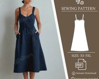 Riemen Kleid Schnittmuster, Kleid mit V-Ausschnitt, Taschen Kleid, PDF Sofort-Download Muster in US Letter-Format, Einfaches Schnittmuster, Leinen Kleid