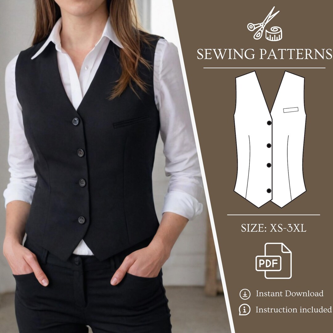 Women's Classic Vest Sewing Pattern Fitted Buttoned Vest DIY Tailored
