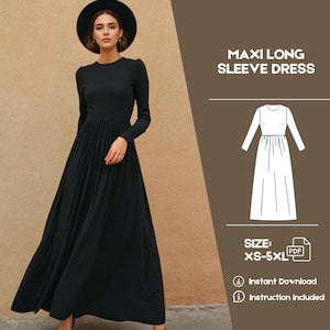 Long Sleeve A Line Sewing Pattern Dress Digital PDF Pattern US Sizes 2 to 30 Instant download PDF