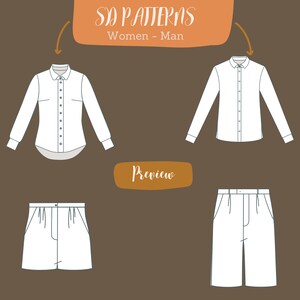 Puede incluir: Una ilustraci&oacute;n digital de dos camisas y dos pantalones cortos. Las camisas son de manga larga y con botones. Los pantalones cortos son hasta la rodilla. Toda la ropa es blanca.