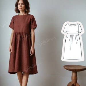 Molde de vestido de linho em linha A: cintura alta, tamanho XS-5XL (molde em PDF)