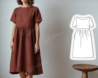 Sewing PDF pattern dress, A-Line Hight waist linen dress, do it yourself, tutorial pdf sewing size XS-5XL