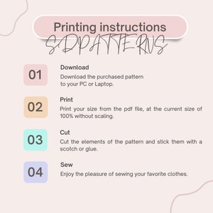 Puede incluir: Un gr&aacute;fico rosa y blanco con instrucciones para imprimir patrones de costura. Las instrucciones est&aacute;n numeradas del 1 al 4 e incluyen los pasos: Descargar, Imprimir, Cortar y Coser.