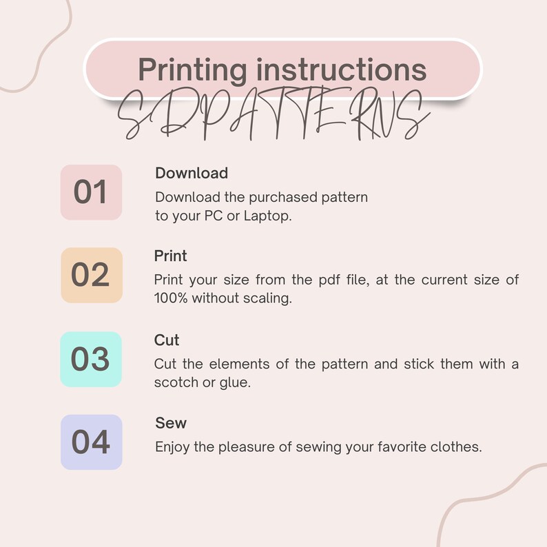 Puede incluir: Un gr&aacute;fico rosa y blanco con instrucciones para imprimir patrones de costura. Las instrucciones est&aacute;n numeradas del 1 al 4 e incluyen los pasos: Descargar, Imprimir, Cortar y Coser.