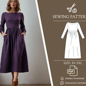PDF Sewing Pattern for Long Sleeve A-line Dress With Invisible Pockets, Gathering Midi Dress, Boat neckline, XS-5XL US Size
