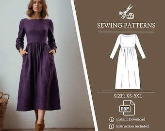 PDF Sewing Pattern for Long Sleeve A-line Dress With Invisible Pockets, Gathering Midi Dress, Boat neckline, XS-5XL US Size