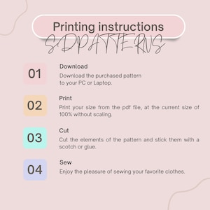 Pode incluir: Um gr&aacute;fico rosa e branco com instru&ccedil;&otilde;es para imprimir padr&otilde;es. As instru&ccedil;&otilde;es s&atilde;o numeradas de 1 a 4 e incluem as etapas: Baixar, Imprimir, Recortar e Costurar.