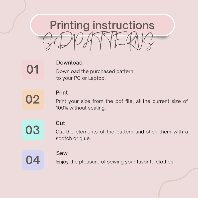 Pode incluir: Um gr&aacute;fico rosa e branco com instru&ccedil;&otilde;es para imprimir padr&otilde;es. As instru&ccedil;&otilde;es s&atilde;o numeradas de 1 a 4 e incluem as etapas: Baixar, Imprimir, Recortar e Costurar.