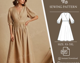 Sewing pattern pdf dress, linen v neck dress, puff sleeve dress, sew dress pattern lantern sleeve