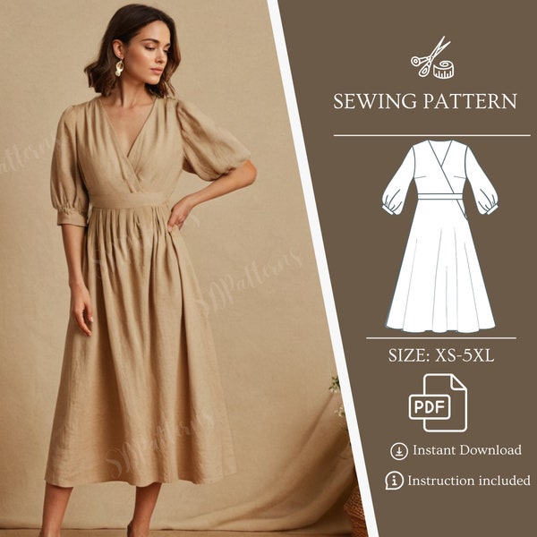 Sewing pattern pdf dress, linen v neck dress, puff sleeve dress, sew dress pattern lantern sleeve