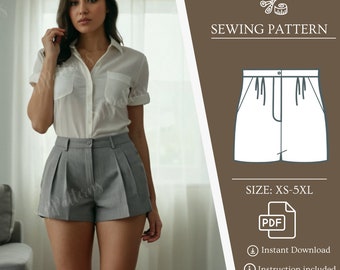 Shorts Sewing Pattern, Hight Waist Shorts , PDF Pattern, Pleated Short Pattern, Pockets shorts, XS-5XL