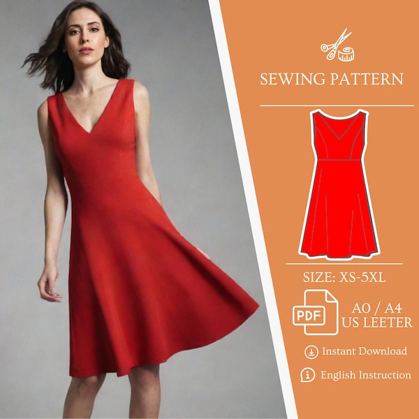 V-Neck Sleeveless Sewing Dress, Half Circle Skirt, Pattern PDF Tutorial, Sewing PDF Easy, XS-5XL, A0,Letter