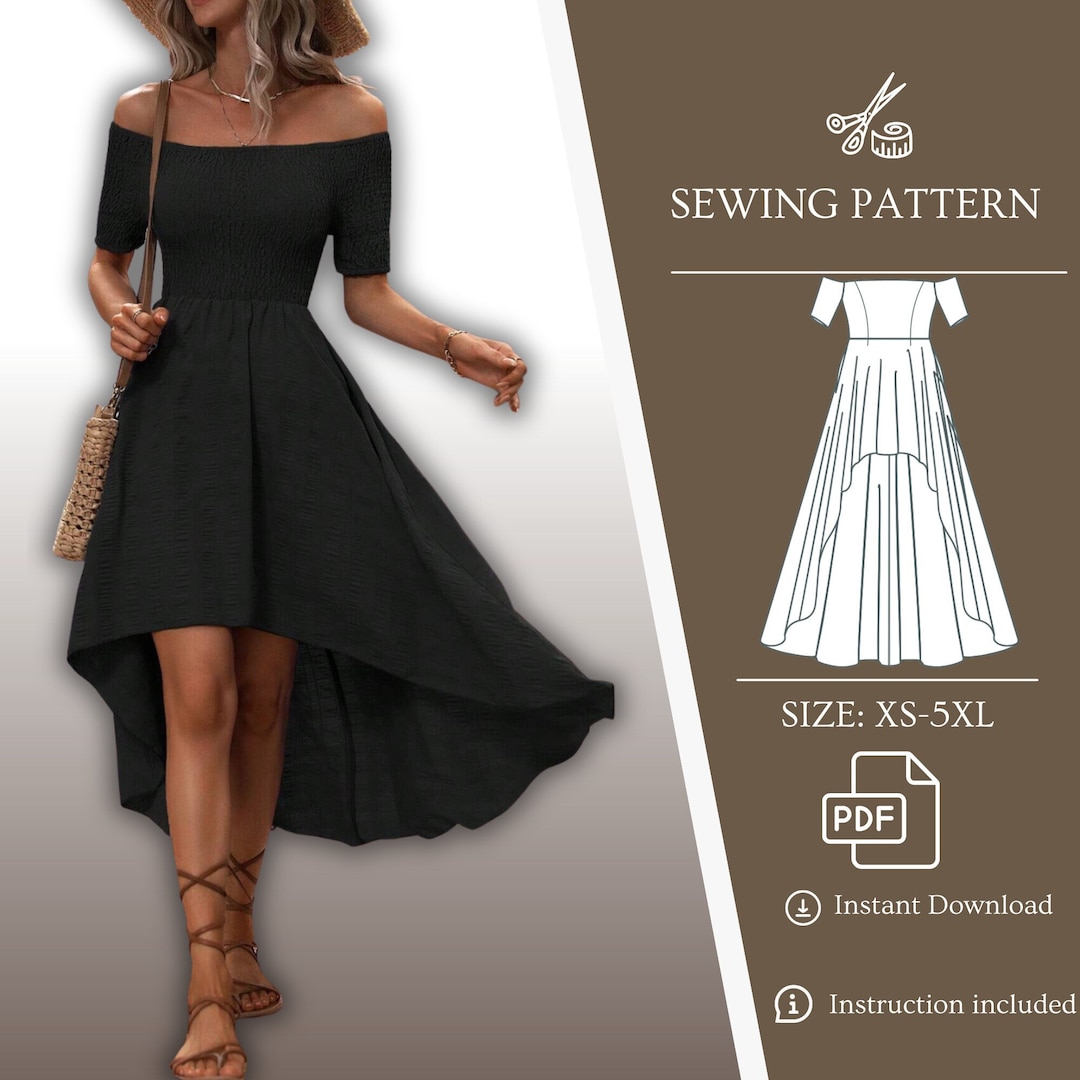 Off Shoulder High Low Hem Sewing Pattern Dress Prom Dress PDF Sewing