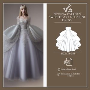 May include: A sewing pattern for a sweetheart neckline dress. The pattern includes instructions in English and is available in sizes XS-5XL. The pattern is available for instant download as a PDF file.