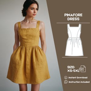 May include: A digital sewing pattern for a pinafore dress. The pattern includes instructions and is available in sizes XS-5XL. The image shows a woman wearing a yellow pinafore dress.