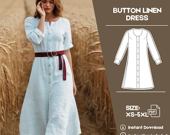Long Sleeve Linen Dress Sewing Pattern Women Button Up Dress PDF Digital Pattern Casual Dress