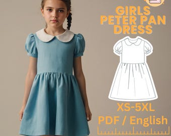 Vintage Peter Pan Collar Dress Sewing Pattern PDF | Bishop Sleeve Girl’s Dress Pattern | Gathered Waist Children’s Dress Sewing | 2-12 years