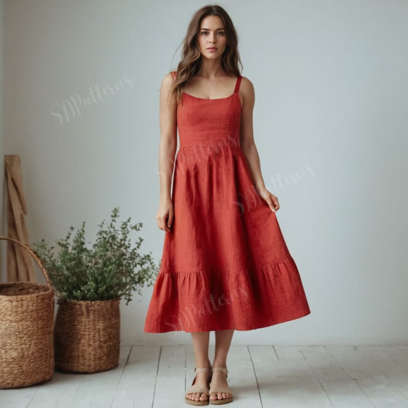 Straps Midi Dress Pattern, Ruffles Circular Skirt, PDF Sewing Pattern ...
