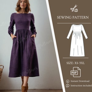 PDF Sewing Pattern for Long Sleeve A-line Dress With Invisible Pockets, Gathering Midi Dress, Boat neckline, XS-5XL US Size