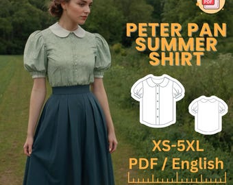 Peter Pan Cotagecore Dress | Bishop Short Sleeve | Renaissance Blouse | Buttoned Shirt | Sewing Blouse | XS-5XL | Vintage