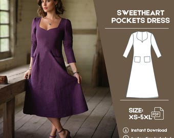 V-Neck Trapeze Long Sewing Dress, PDF Pattern, Pockets Dress, Instant download Pattern, A4/Letter, XS-5XL, Oversized Long Dress