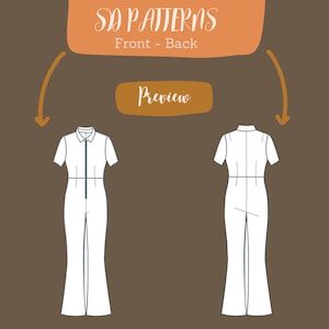 Op de afbeelding: Een witte jumpsuit met een rits aan de voorkant en een kraag. De jumpsuit heeft korte mouwen en een getailleerd bovenlichaam. De benen zijn wijd en uitlopend. De afbeelding toont de voor- en achterkant van de jumpsuit.