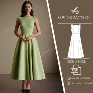 Sleeveless O-Neck Dress Sewing Pattern Prom Dress PDF Sewing Patterns High Waist Dress S-5XL